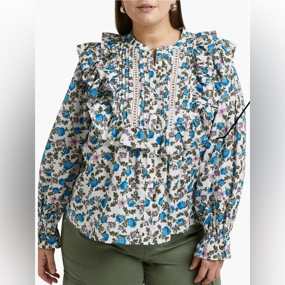 River Island Ruffle Front Floral Blouse Cotton Blend Lace Button Down Sz 22 - Picture 1 of 9